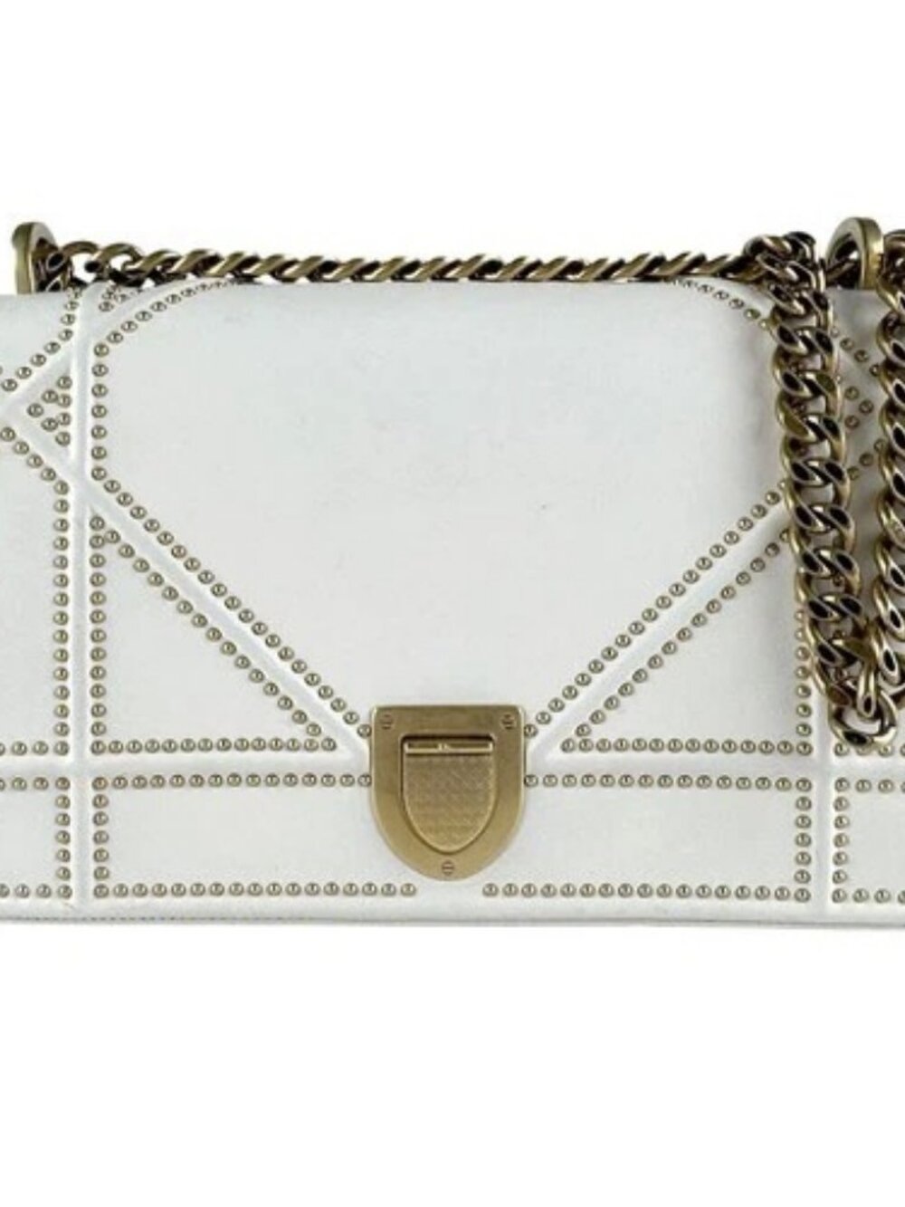 Auth Christian Dior Diorama Shoulder Bag White/Gold Leather/Metal - z10219